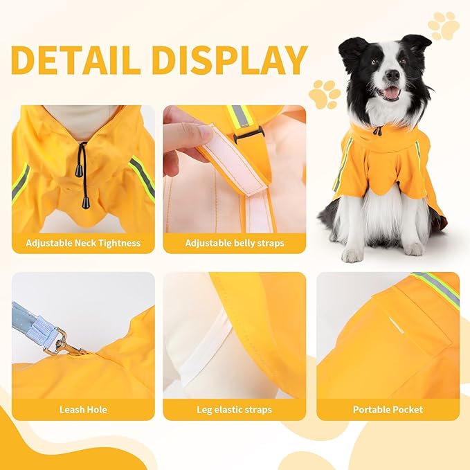 Dog Raincoat, Waterproof Windproof Dog Rain Jacket Adjustable, Rain Coat with Leash Hole, Reflective Strap Raincoat Poncho for Small Medium Large Dogs Outdoor (Reflection-Yellow, L)