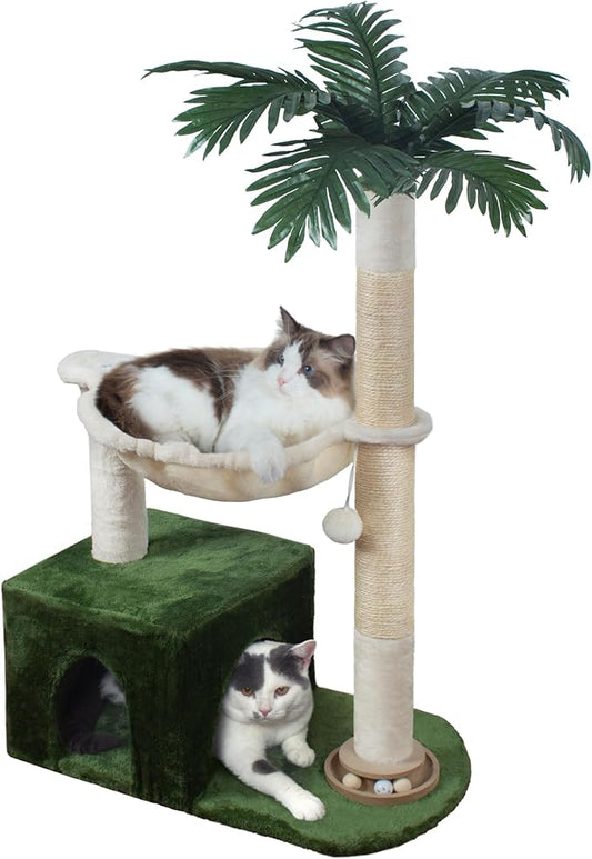 Fantasreen Cat Tree 38" Cat Tower with Large Hammock Metal, Cat Scratching Post for Indoor Cats with Condo, Cat Playground Track Balls and Bouncy Ball, Green and White