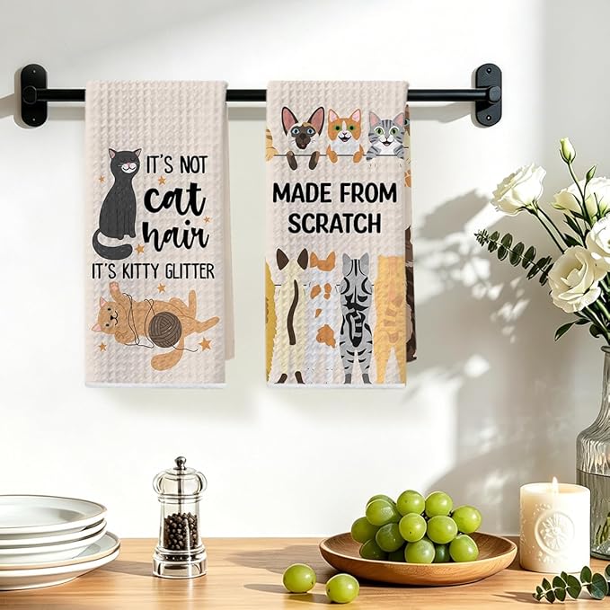 2 Pcs Funny Cat Kitchen Towels 24x14 Inch, Cats Gifts Reusable Dish Towels for Kitchen Bathroom Decor, Waffle Weave Hand Cloth Tea Towel, Cute Cat Lover Gifts for Women Mom Friend