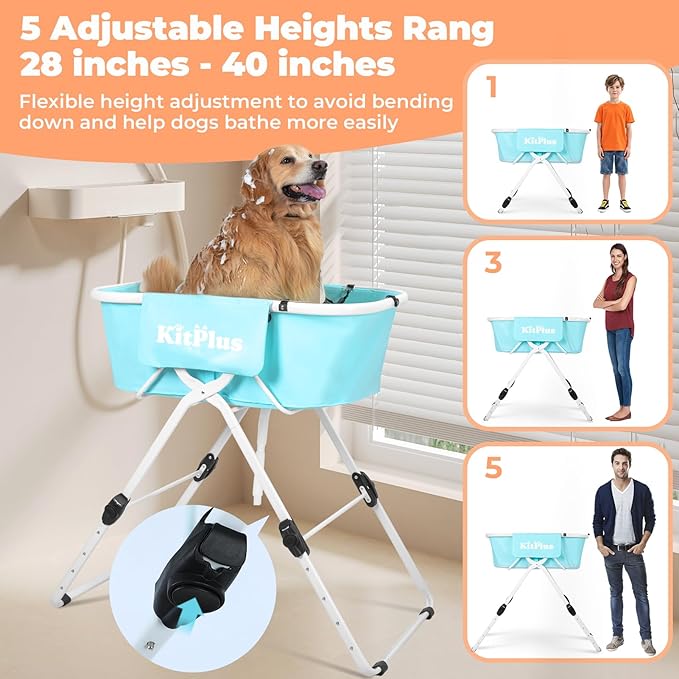 KITPLUS Portable Dog Bathtub, 5 Height Adjustable Dog Washing Station for Pet Shower and Grooming Foldable Bathing Tub with Storage & Anti-Slip Design for Small Large Dogs