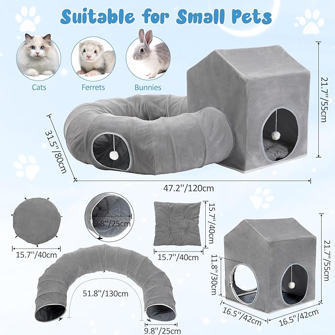 Pawaboo Cat Tunnel Bed for Indoor Cats, Cute Cat Donut Tunnel with Square House, Peekaboo Pet Cave Play Tunnels with Cave for Kitten/Rabbit, Dark Gray