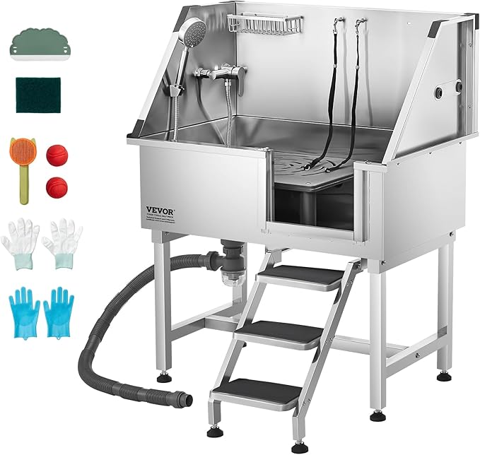 VEVOR 38 Inch Stainless Steel Dog Washing Station, Pet Grooming Tub with Hot & Cold Faucet, Showerhead, Home Wash Sink, Fits Small and Medium Cats and Dogs, Non-Slip Stairs (Right Door)