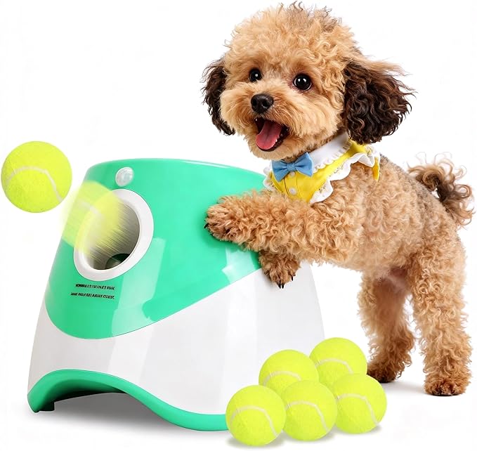 Automatic Dog Ball Launcher, Dog Ball Thrower with 9.84-29.52ft 3 Launching Distance, Rechargeable Dog Toy Mental Stimulation Training Game with 1.96" Tennis Balls for Energetic Small Medium Dogs