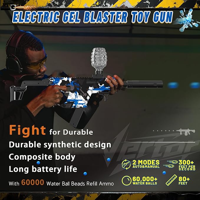 Electric Gel Ball Blaster, High Speed Automatic Splatter Ball Blaster with 60000+ and Goggles, Rechargeable Splatter Ball Toys for Outdoor Activities Shooting Game Party Favors-Blue