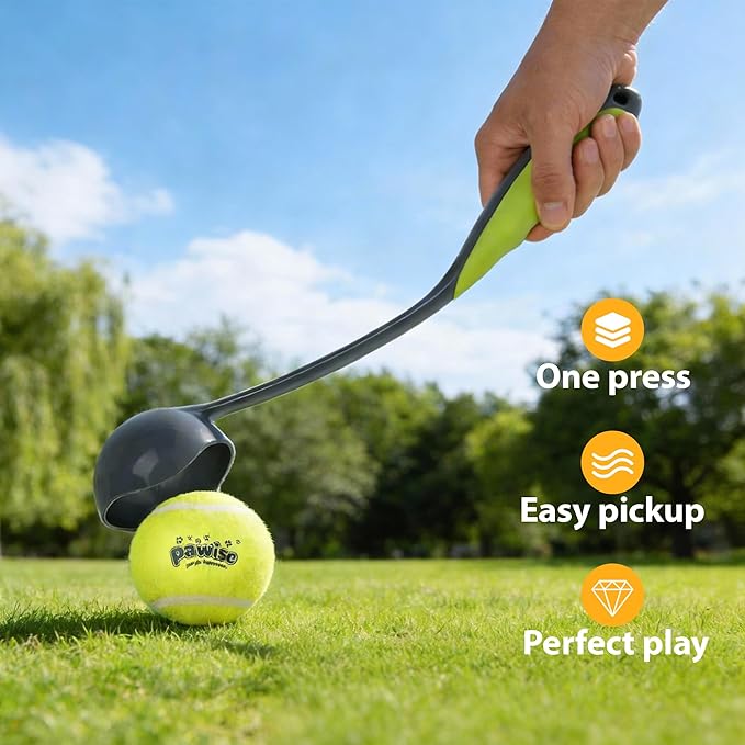 PAWISE Dog Ball Launcher for Small & Medium Dogs, 12.2" Dogs Fetch Toy with Tennis Ball + 3-Pack Squeaky Tennis Balls, Portable Hands-Free Pick-Up Thrower for Indoor & Outdoor Play