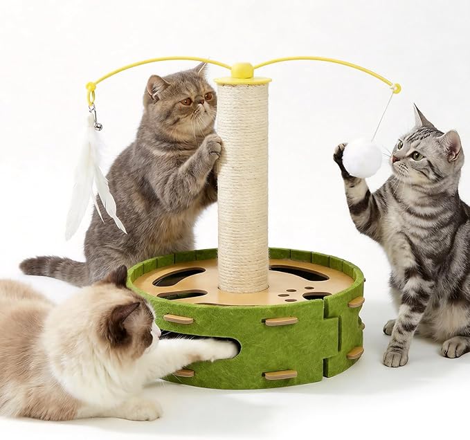 Cat Nail File Scratcher, Cat Claw Saver Box with Scratching Post, Interactive Cat Scratch Puzzle Box with Rotating Teaser & Replace Sandpaper for Indoor Cats (3 Bell Ball)