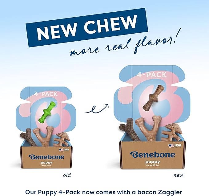 Benebone Puppy 4- Pack Durable Dog Chew Toys for Gentle Chewers, Made in USA, Small