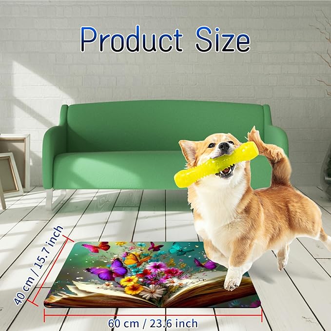 Dog Food Mat, 15.7" x 23.6" Absorbent Pet Feeding Mat for Food and Water, Waterproof Diatom Mud Pet Placemat with Non-Slip Rubber Backing, Cat Bowl Mat for Floors - Books Flowers Butterflies