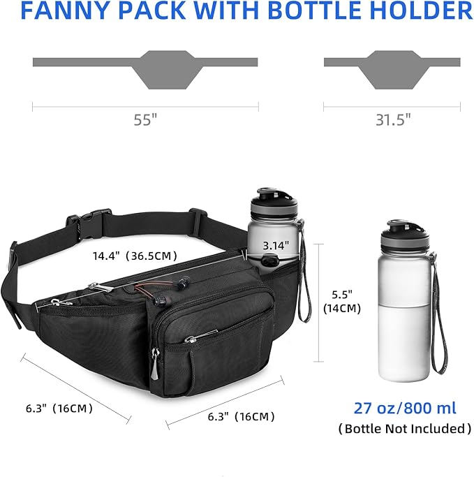 NOOLA Fanny Pack Waist Bag for Men Women, Lightweight Waist Pack with Water Bottle Holder, Adjustable Belt Bag with Multi-Pockets for Hiking, Dog Walking, Outdoor, Cycling, Running, Travel, Black