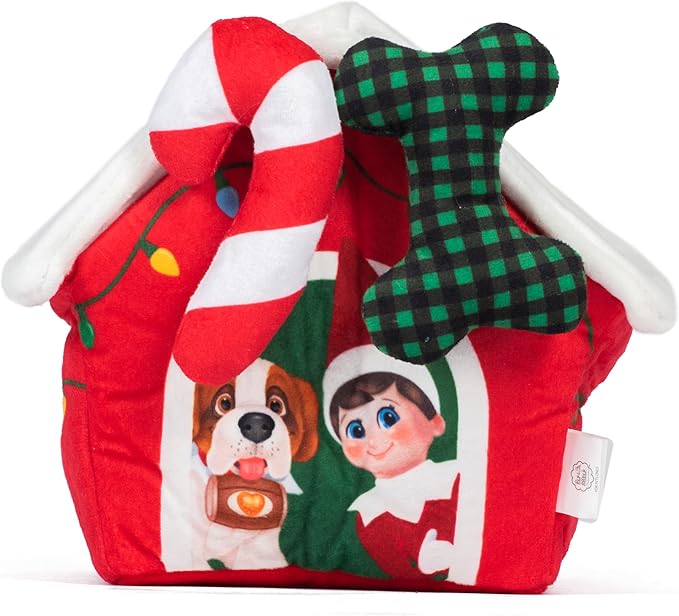 The Elf on the Shelf Doghouse Plush Burrow Toy for Pets | 7 Inch Plush Dog House with 2 Removable Plush Toys for Dogs, Bone & Candy Cane with Crinkle Texture