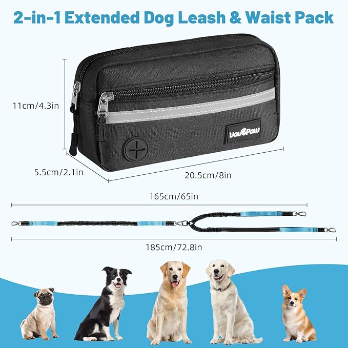 VavoPaw Hands Free Dog Leash for 2 Dogs with Pouch, Waist Leash for Dog Walking, Jogging, Hiking, Retractable Leashes with Dual Padded Handles, Adjustable Reflective Belt for Small, Medium, Large Dogs