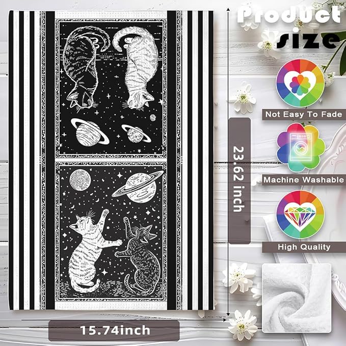 Cat Kitchen Towels - Quick-Dry Monochrome Star-Gazing Cats Art, Duo Obsidian & Ivory Silhouettes Hand Cloth for Celestial Pet Moms | Decorative Dish Towel & Ethereal Home Accent, Astronomical Gift