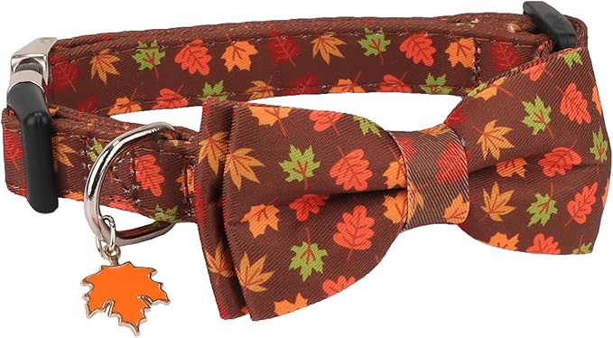 ADOGGYGO Fall Dog Collar with Bowtie, Adjustable, Brown, Maple Leaves Pattern, Halloween Thanksgiving Fall Bow Collars for Small Medium Large Dogs (Large)