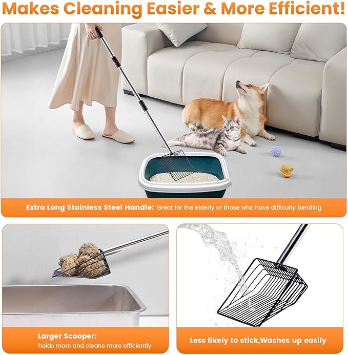 PETOCAT Cat Litter Scoop 43 inch Metal Litter Scooper with Stainless Steel Long Handle, Upgraded Large Kitty Box Scooper Heavy Duty Deep Shovel for Fast Sifting, Dog Waste Scooops for Outside Pet Poop