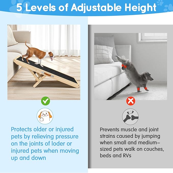 Dog Ramp for Couch with Non-Slip Silicone Mat, 39" Wooden Pet Ramps for Small Dogs, Hold up to 100lb, Adjustable Height from 11.41" to 20.47", Portable Stable Pet Step for Sofa Stairs