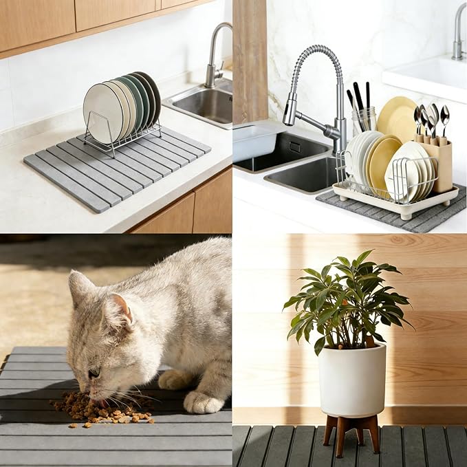 Stone Dish Foldable Drying Mat - Super Absorbent Fast Drying Stone Mat for Kitchen Counter, Dish, Pet Bowl & Plant Pot - Eco-Friendly, Non-Slip, Easy to Clean,16×12 Inches (Pure White)