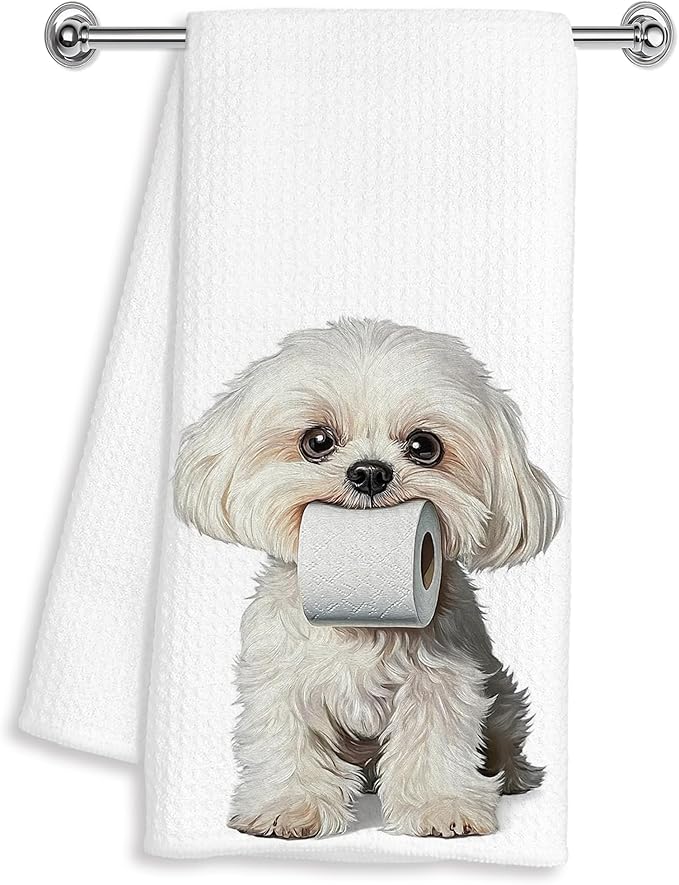 Funny Maltese Hand Towels for Bathroom Washroom Decor 16x24 Inches, Maltese Dog Lover Gifts for Women Men, Funny Toilet Paper Dog Bathroom Towels Decorative