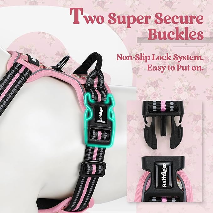 rabbitgoo Dog Harness No Pull with 2 Leash Clips, Adjustable Soft Padded, Reflective Oxford No Choke Pet Vest with Easy Control Handle for Medium Sized Dogs, Pink Rose, M