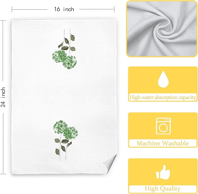 Green Hydrangea Floral Kitchen Towels Set of 2, Hydrangea Decorative Hand Towels for Bathroom, Green Flowers Decor Dish Towels for Kitchen, Floral Gifts, 16x24 in