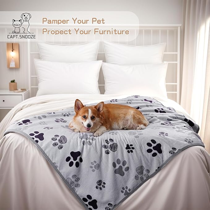 Waterproof Dog Blankets Pet Blanket 50"x60", Soft Fluffy Sofa Car Bed Protector, Reversible Sherpa Fleece Dog Blanket for Large Dogs(Light Grey-Paws)