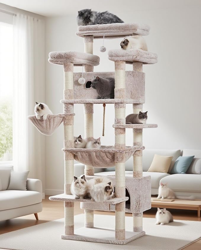 Gitelsnour Cat Tree for Indoor Cats Large Adult, 74" Cat Tower with 3 Big Platforms, 2 Baskets, 2 Condos, Multi-Level Cat Scratching Posts, Muchroom GCT030MU