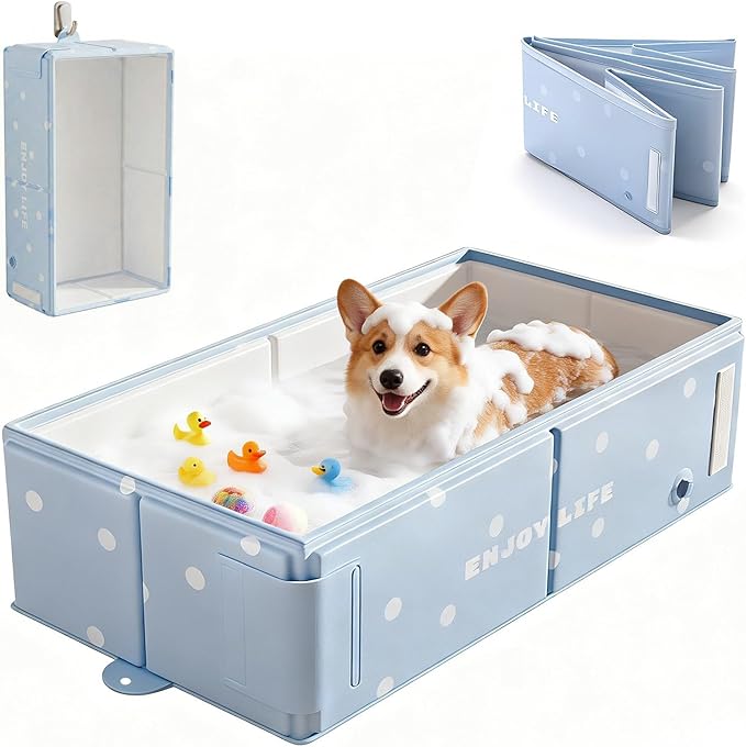 Collapsible Pet Bathtub with Side Drain Plug,Easy Hanging, Foldable Portable Tub for Dogs Bath, Non-Slip Rigid Waterproof Dog Bath Tub for Home, for Small Dogs, Medium Dogs & Cats (Blue)