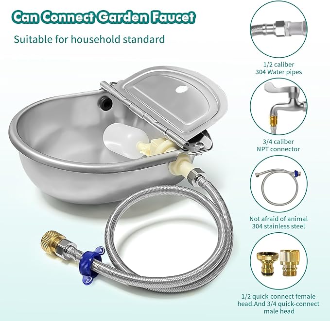 Automatic Water Dispenser for Dogs, Animal Drinking Water Bowl with 2 Float Valve,304 Stainless Steel auto self Filling Dog Water Bowl Dispenser Outdoor Livestock Water Bowl Kit for Chicken.