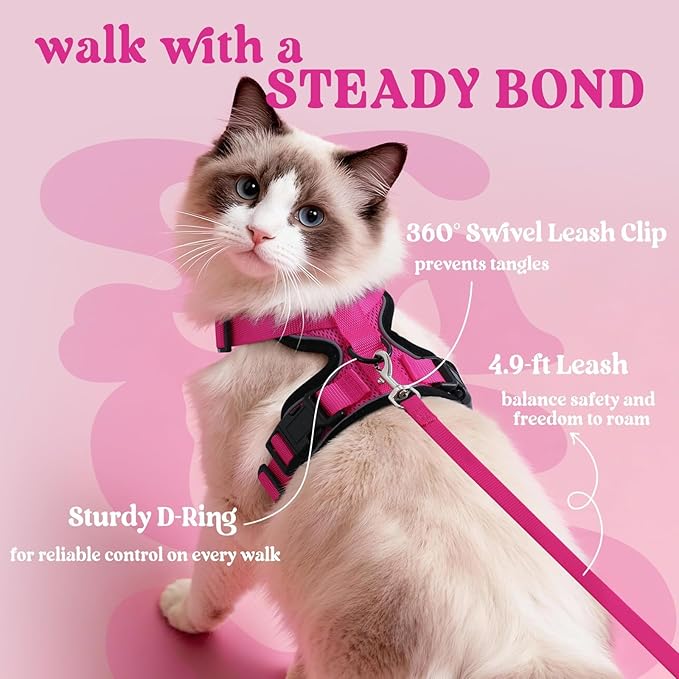 rabbitgoo Cat Harness and Leash Set, Escape Proof Vest Harness for Safe Outdoor Walks, Soft Breathable Adjustable Vest with Reflective Strips for Average to Large Cats, Rose Red, M