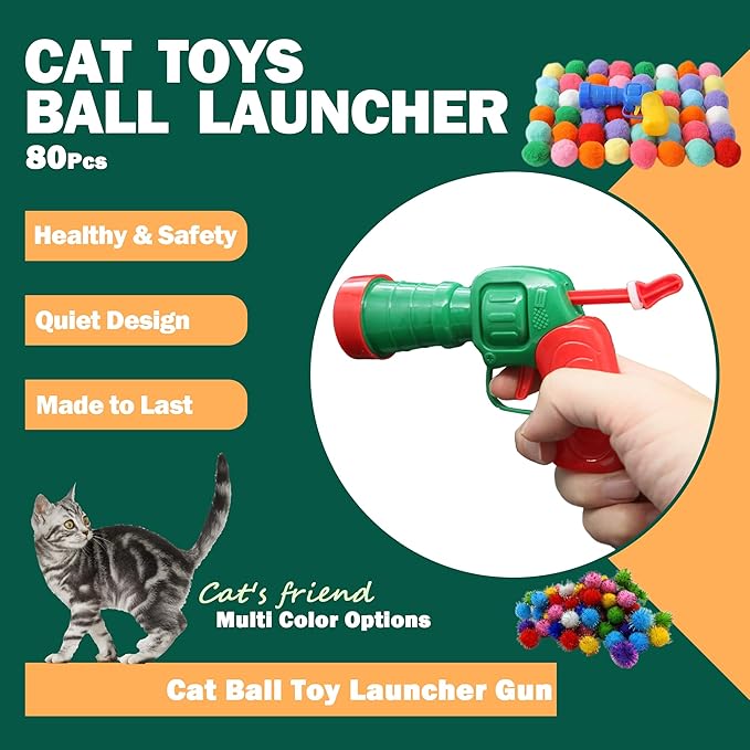 82Pcs Cat Toys Gun Launcher,Cat Toy Ball Launcher Gun，Cat Toy Launchers，Low Noise Interactive Cat Ball Launcher Gun，30 Pcs Sparkle Pom Pom Balls for 50Pcs Pom Pom Balls