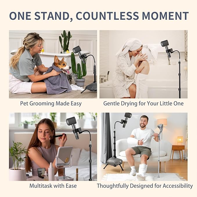 Hair Dryer Stand - 360° Rotating Universal Holder, 20-65 Inch Adjustable, Hands Free for Pain Relief & Multi-Tasking