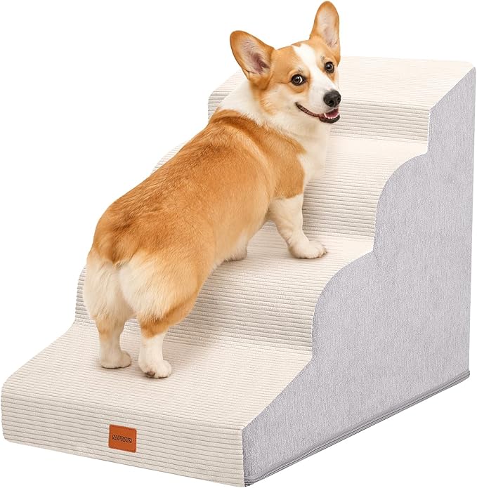 Dog Stairs for Small Dogs and Cats, 19.7" H, 4-Step Curved Pet Ramp for Beds or Couches, Non-Slip Medium Pet Steps with High Density Foam, Beige