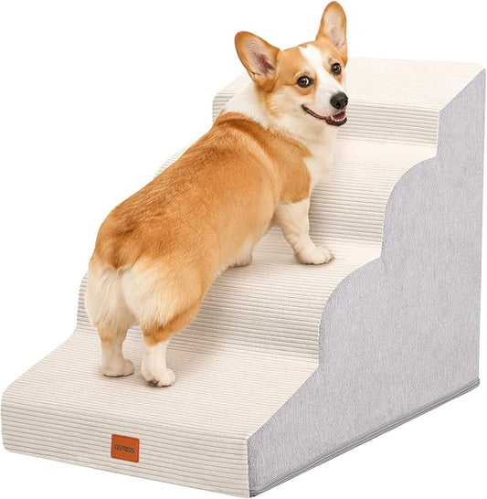 Dog Stairs for Small Dogs and Cats, 19.7" H, 4-Step Curved Pet Ramp for Beds or Couches, Non-Slip Medium Pet Steps with High Density Foam, Beige
