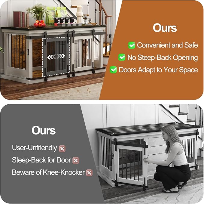 62" Farmhouse Dog Crate Furniture for 2 Large Dogs, Heavy Duty Solid Wood Indoor Dog Kennel with Removable Divider, Sliding Door, Double Dog Crate TV Stand, Vintage Industrial Style