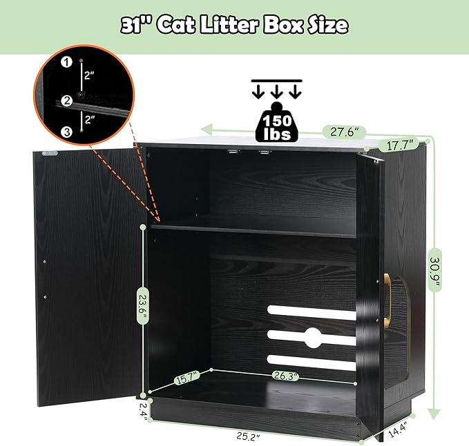 Gitelsnour Litter Box Enclosure, 30.9'' High Large Litter Box Furniture, Modern Cat Litter Box Enclosure with Hidden Storage, Side Table, End Table, Black GCLB003BK