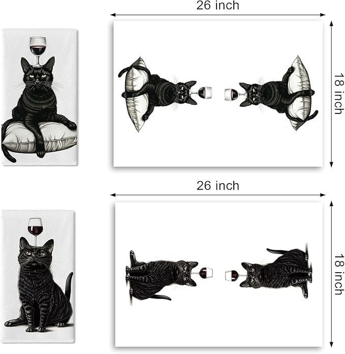 Funny Black Cat Kitchen Dish Towels Set of 2, Red Wine Bar Pub Drying Hand Towel Baking Cooking Cloth, Gifts for Pet Cat Owner Lovers Bathroom Home Decoration 18'' x 26''