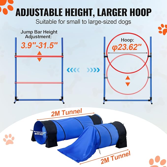 VEVOR Dog Agility Training Equipment, 13pcs Dog Agility Course Backyard Set, 2 Tunnels with Sandbags,Adjustable Hurdles,Weave Poles,Jump Ring,Pause Box, Puppy Obstacle Course Kit with Storage Bag