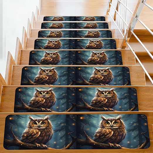Animal Forest Owl Stair Treads for Wooden Steps Indoor Washable Staircase Carpet 10PCS 30"x7.8" Stair Step Treads Non-Slip Staircase Covers Peel and Stick Safety Mat for Kids Elders Pets