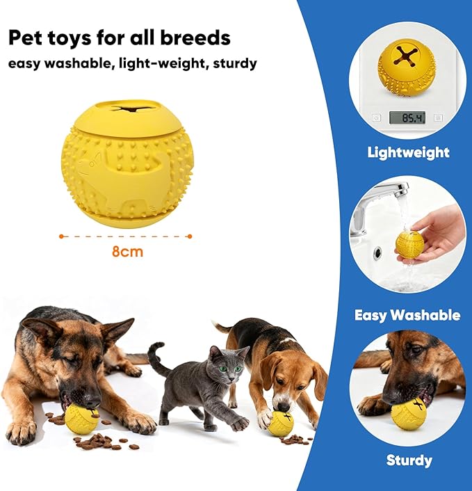 Deeow Rubber Dog Chew Toy Ball, Treat Dispenser for Pet Chewers, Food Grade TPR Teething Shell, Enrichment Puzzle, World Cup Soccer Slow Feeder Dog Toys for Dental Care and Enrichment -Yellow