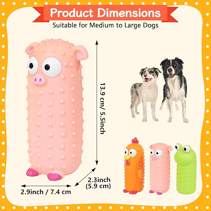 3 Pack Squeaky Dog Toys, Standing Stick Latex Chicken Squeaky Dog Toys Pig and Frog, Interactive Animals Play for Small Medium Large Dogs