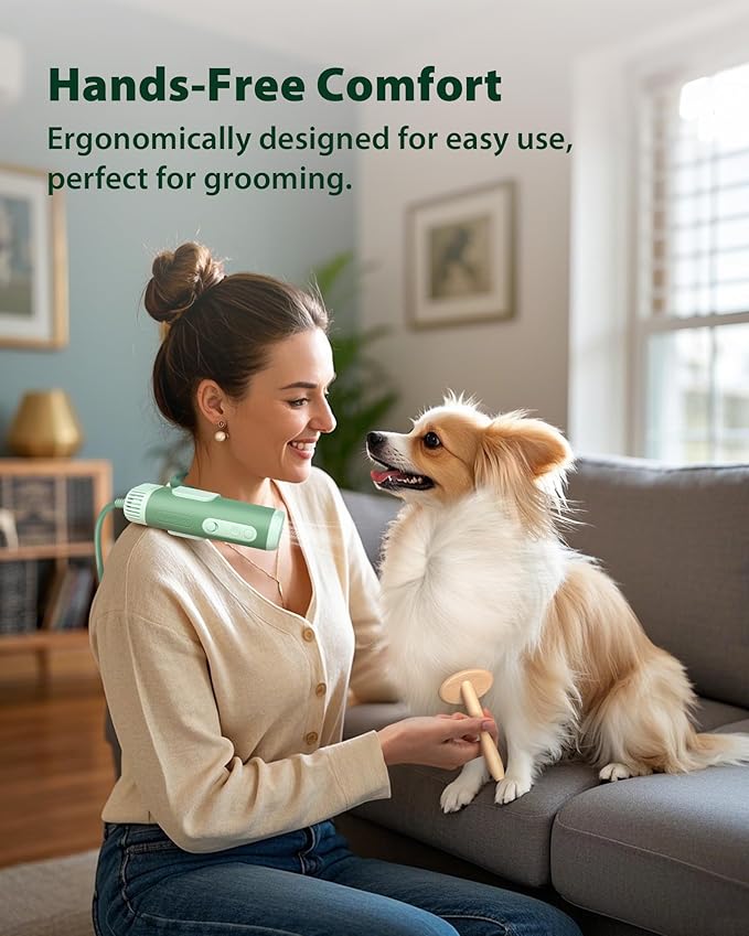 L&W BROS Hands-Free Dog Dryer – Neck Hanging Pet Hair Dryer for Grooming, 110,000 RPM Powerful Airflow, Low Noise, Overheat Protection, Adjustable Heat & Speed for Small & Medium Dogs & Cats (Green)