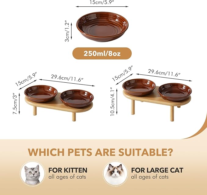 Havniva Elevated Cat Bowls Raised Ceramic Cat Bowl, 5.9” Wide Opening Cat Food Bowl Whisker Friendly Cat Dish Anti-Slip with Bamboo Stand, Shallow Pet Food & Water Bowl for Indoor Cats