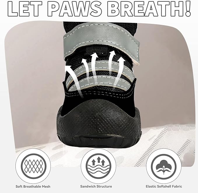 Dog Boots, Waterproof Dog Shoes with Reflective Straps, Rugged Anti-Slip Sole Paw Protectors for Medium Large Dogs, Breathable Pet Booties for Hot Pavement, Snow, Hiking, 4Pcs