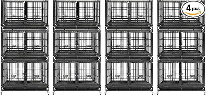 Homey Pet 4 Pack Three Tiers 43 inch Dog Crate with Wheels, Stackable Heavy Duty Indestructible Steel Dog Cage Kennel Indoor with Detachable Divider, Tray, Bowls, Escape Proof Locks