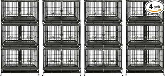 Homey Pet 4 Pack Three Tiers 43 inch Dog Crate with Wheels, Stackable Heavy Duty Indestructible Steel Dog Cage Kennel Indoor with Detachable Divider, Tray, Bowls, Escape Proof Locks
