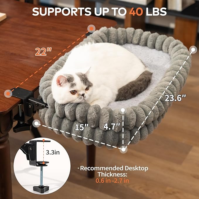 CHEERPALS Cat Desk Bed with Reversible Cushion, 90°Foldable Cat Hammock for Desk Mounted Removable & Washable, Suitable for Medium-to-Large Cats and Puppy, Cloud Series(Grey, Large)