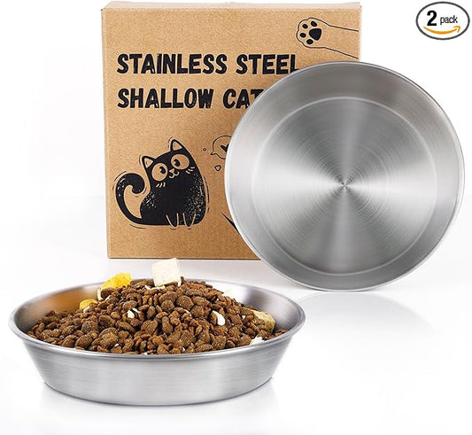 2-Pack Stainless Steel Cat Food Bowls, Shallow Whisker-Friendly Non-Slip Silicone Base Metal Dishes, Easy to Clean Indoor Water Flat Plates for Cat, Kitten, Small Dog (5.9")