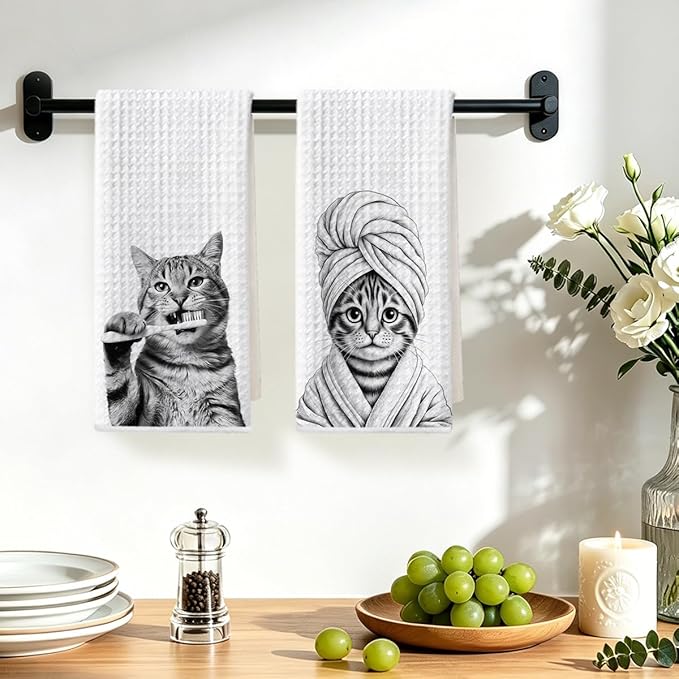 Hanamiya Na 2 Pcs Cute Cat Gifts Hand Towels 24x14 Inch, Funny Cats Gift Reusable Dish Towels for Kitchen Decor, Waffle Weave Absorbent Hand Cloth Tea Towel, Cat Lover Gifts for Women Mom Friend
