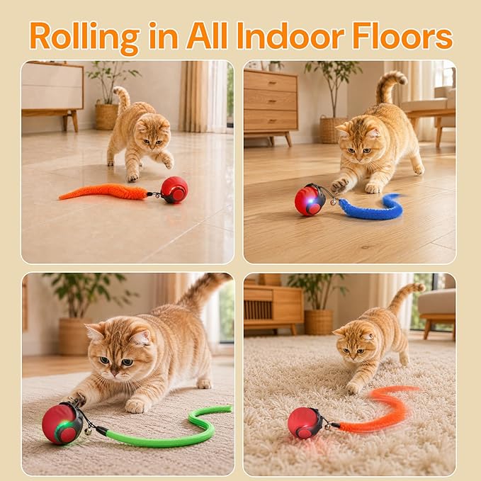 Geamen Interactive Cat Toys with Bird Sounds & 3 Speed Modes, Rechargeable Automatic Moving Cat Toy with 3 Tails, Fast Charging Smart Rolling Ball for Indoor Cats to Chase Play on Hard Floor Carpet