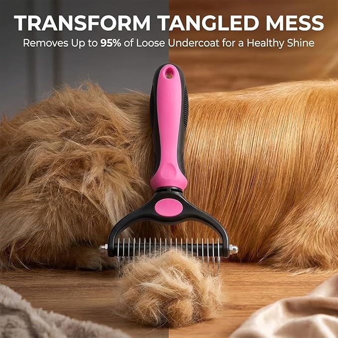 Sakerplus Double-Sided Pet Grooming Rake,Dematting Undercoat Rake for Dogs and Cats, 2-in-1 Dematting Comb, Pet Grooming Rake for Long Hair Pets (Pink, large+small)