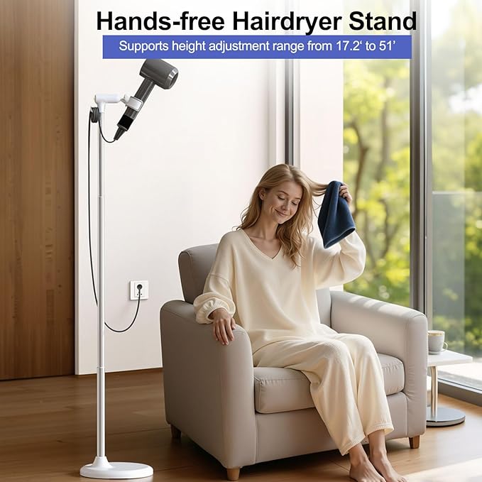 Hair Dryer Stand with 360 Rotating Head, Hands Free, Large Hook,Heavy Duty Base, Adjustable Height, TPU Padded Clip, Aluminum Alloy Holder for Home or Salon (White)